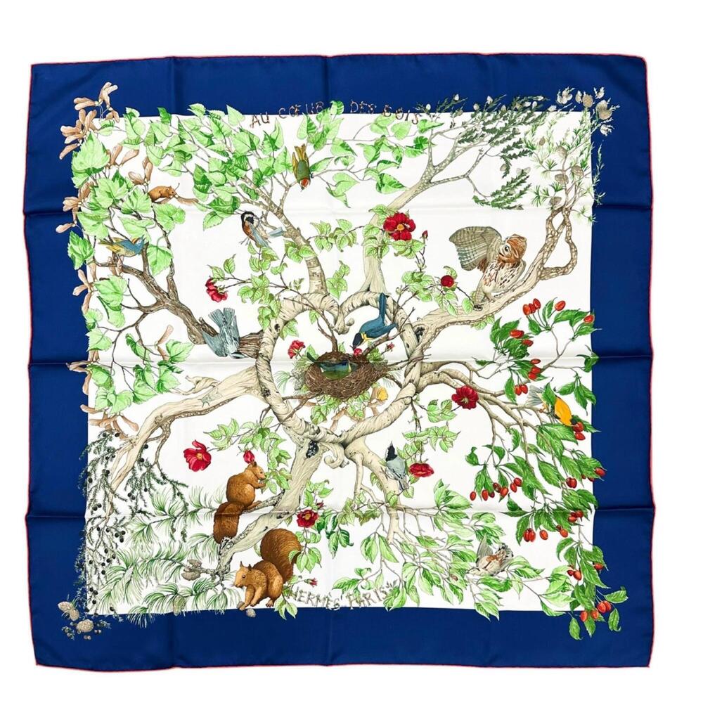HERMES scarf, Carre 90, "AU COEUR DES BOIS" (In the Forest), silk, blue and g...